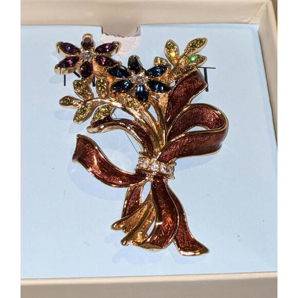 Vintage MONET Fall Flower Bouquet Brooch Pin Jeweled & Enameled Ribbon NIB - Picture 4 of 8